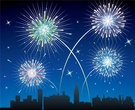 Vector fireworks over a city Stock Illustration
