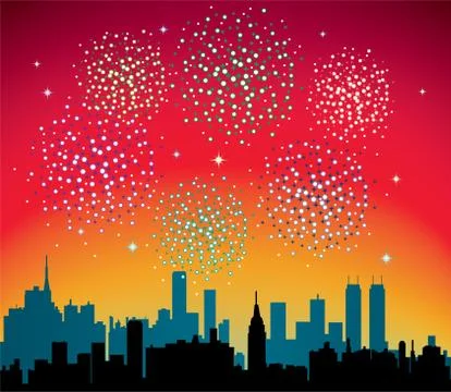 Vector fireworks over a city Stock Illustration