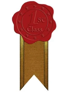 Vector first class red wax seal with ribbon Stock Illustration