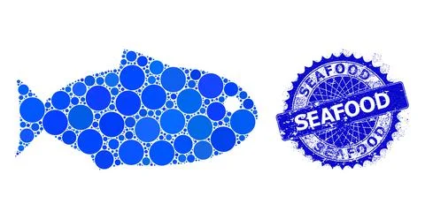 Vector Fish Collage of Dots and Textured Seafood Seal Stock Illustration