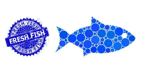 Vector Fish Collage of Small Circles and Grunge Fresh Fish Badge Stock Illustration