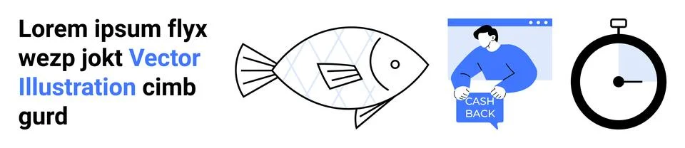 Vector Fish Drawing, Cashback Icon, Stopwatch Illustration, and Sample Text 스톡 일러스트