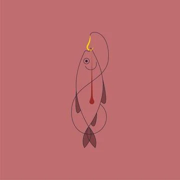 Vector fish on hook in outline style Illustrazione stock