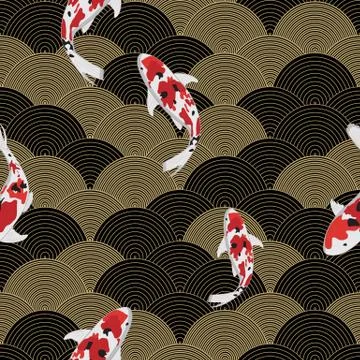 Vector fish illustration on water wave, asian seamless pattern, abstract orna Stock Illustration