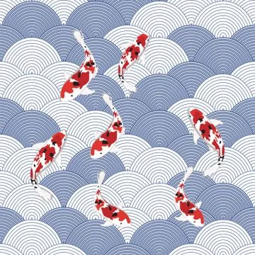 Vector fish illustration on water wave, asian seamless pattern, abstract orna Illustrazione stock