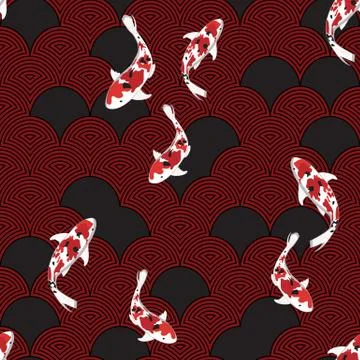 Vector fish illustration on water wave, asian seamless pattern, abstract orna Illustrazione stock