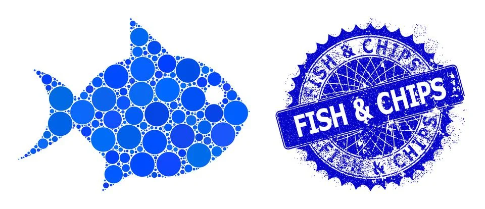 Vector Fish Mosaic of Small Circles with Rubber Fish &amp; Chips Seal Stock Illustration