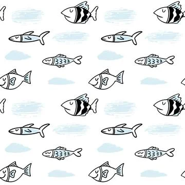 Vector fishes doodles seamless pattern.. Cute clipart. Hand drawn illustratio Stock Illustration