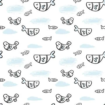 Vector fishes doodles seamless pattern.. Cute clipart. Hand drawn illustratio Stock Illustration