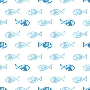 Vector fishes doodles seamless pattern.. Cute hand drawn illustration. Perfect Stock Illustration