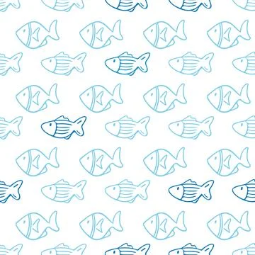 Vector fishes doodles seamless pattern.. Cute hand drawn illustration. Perfect Stock Illustration