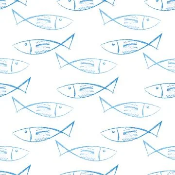 Vector fishes doodles seamless pattern.. Cute crayon hand drawn illustration. Stock Illustration