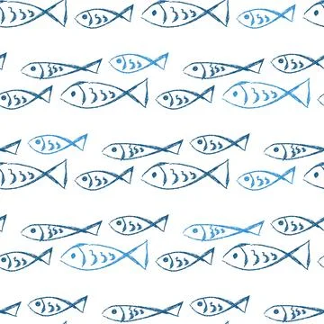 Vector fishes doodles seamless pattern.. Cute crayon hand drawn illustration. Illustrazione stock