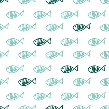 Vector fishes doodles seamless pattern.. Cute hand drawn illustration. Perfect Stock Illustration