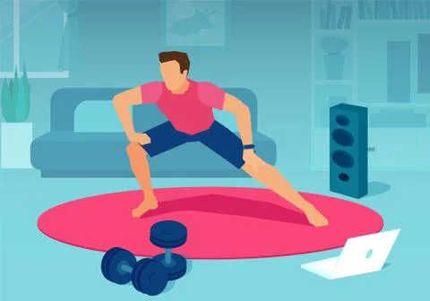 Vector of a fit man exercising together with fitness instructor on laptop Stock Illustration