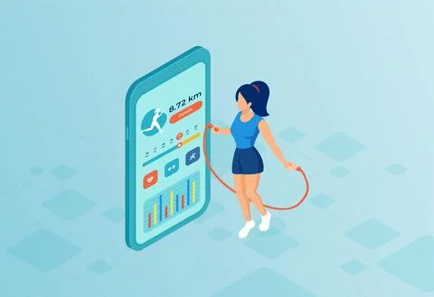 Vector of a fit woman exercising using mobile app to track her performance Stock Illustration
