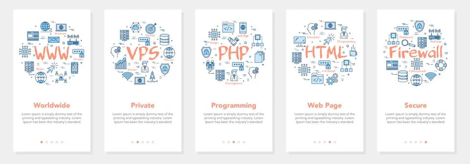 Vector five internet banners - VPS, PHP, HTML concept Illustrazione stock