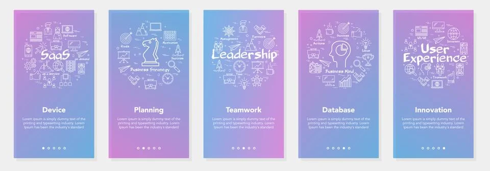 Vector five vertical banners - device, planning, teamwork, database, innovation Stock Illustration