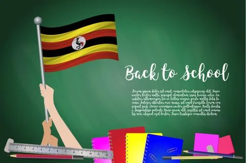 Vector flag of Uganda on Black chalkboard background. Education Background wi Stock Illustration