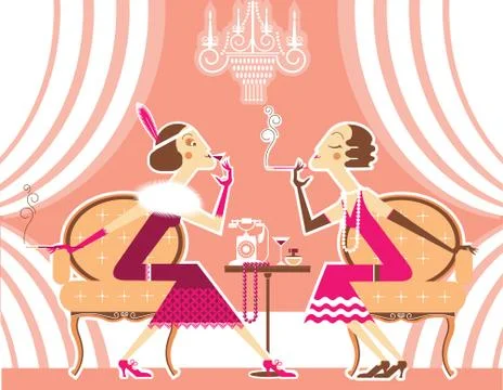 Vector flapper girls talking and smoking cigarettes Stock Illustration