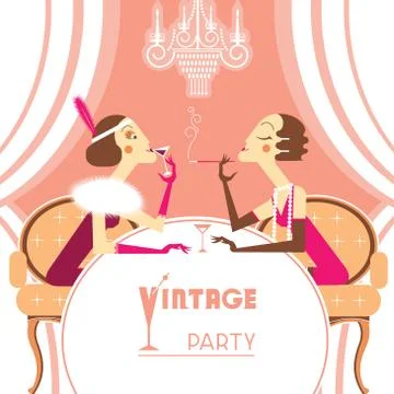 Vector flapper girls talking on retro party room Stock Illustration