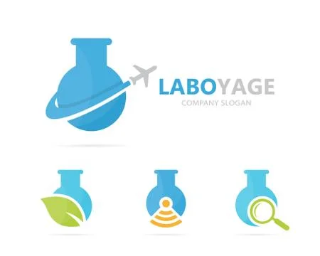 Vector of flask and airplane logo combination. Laboratory and travel symbol or Stock Illustration