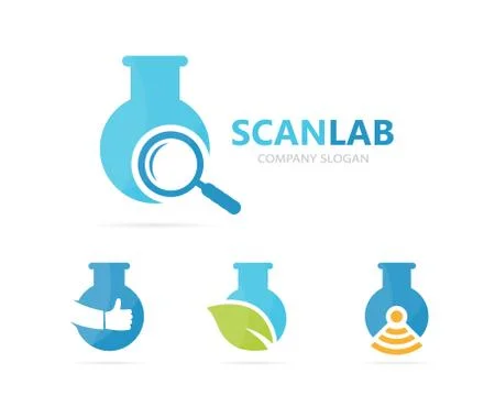 Vector of flask and loupe logo combination. Laboratory and magnifying glass Stock Illustration