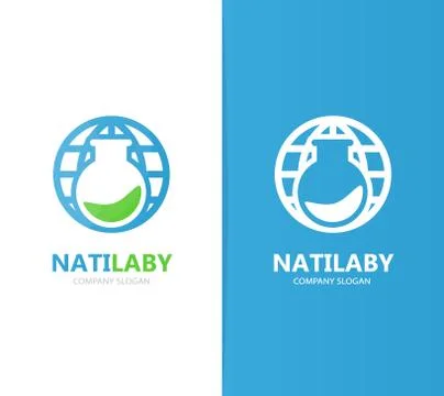 Vector of flask and planet logo combination. Laboratory and world symbol or icon Illustrazione stock