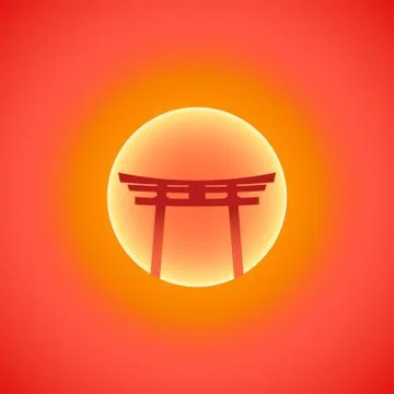 Vector flat abstract japan gate blazing sunset sun illustration icon. Illustrazione stock