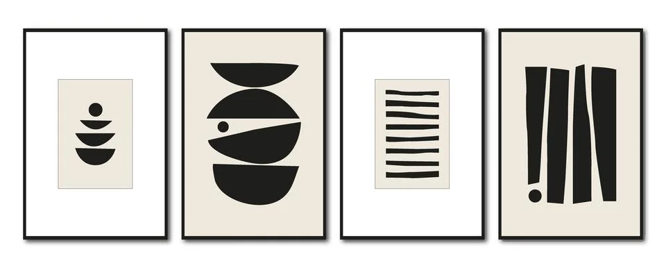 Vector flat abstract posters. Minimalist illustrations in a black frame with Stock Illustration