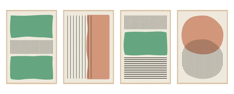 Vector flat abstract posters. Minimalist illustrations in a brown frame with Stock Illustration