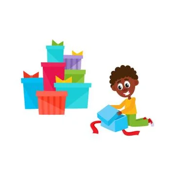 Vector flat african black boy opening present box Stock Illustration