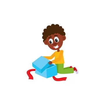 Vector flat african black boy opening present box Stock Illustration