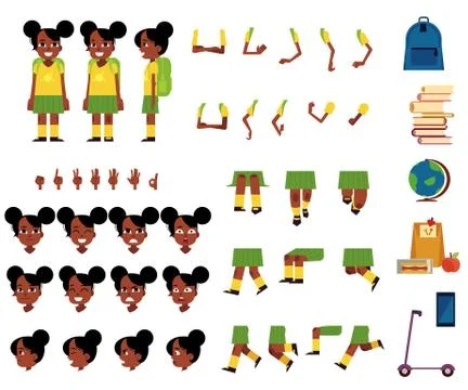 Vector flat african student kid creation set 스톡 일러스트