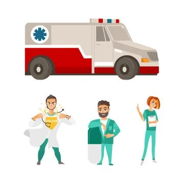 Vector flat ambulance car, super doctor, surgeon イラスト素材