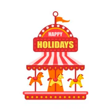 Vector flat amusement park concept. Merry go round, Funfair carnival vintage  Stock Illustration