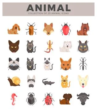 Vector flat animal icons in a grid layout on a white background. Stock Illustration