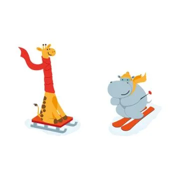 Vector flat animals having winter outdoor fun set Stock Illustration
