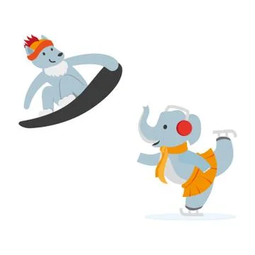 Vector flat animals having winter outdoor fun set Stock Illustration