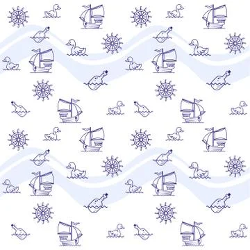 Vector flat art cartoon seamless pattern on marine theme Stock Illustration