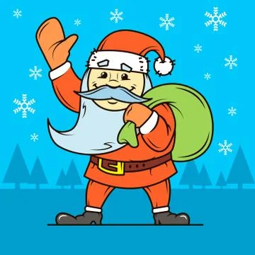 Vector flat art illustration of cartoon Santa Claus with a bag of gifts Illustrazione stock