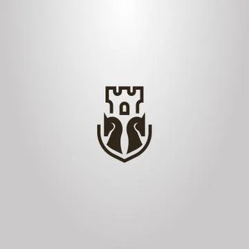 Vector flat art sign of two chess knights and castle tower behind them	 Stock Illustration