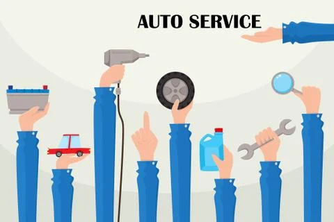 Vector flat auto service poster with hands Stock Illustration
