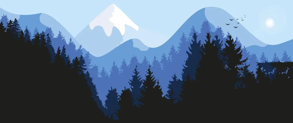 Vector flat background. Landscape with misty forest, distant mountains, dawn Stockillustratie
