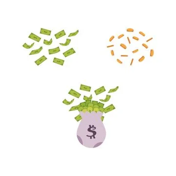 Vector flat bag with dollar cash, money, coin rain Stock Illustration