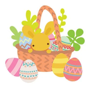 Vector flat basket with Easter eggs with rabbit Stock Illustration