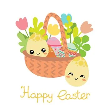 Vector flat basket with Easter eggs and plants Illustrazione stock