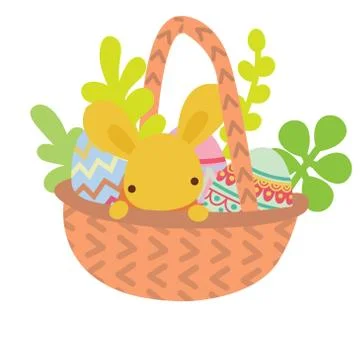 Vector flat basket with Easter eggs with rabbit Stock Illustration