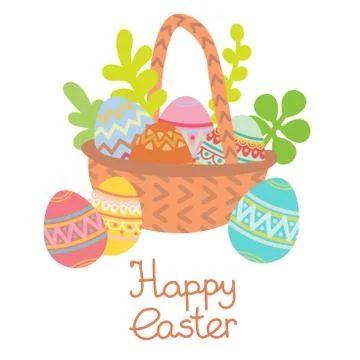 Vector flat basket with Easter eggs and plants Stock Illustration