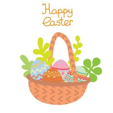 Vector flat basket with Easter eggs and plants Stock Illustration